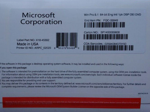 OEM Package Microsoft Windows 8.1 Professional Global Area 100٪ Activation